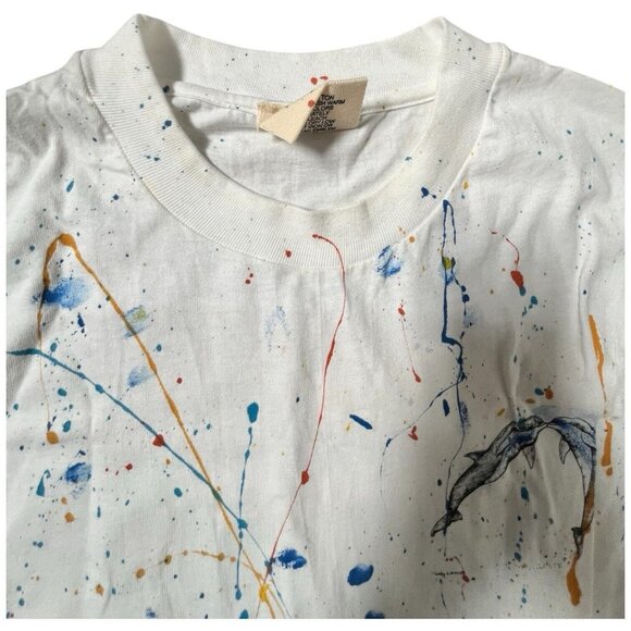 1990 Wyland Studios Kissing Dolphins Men's T-Shirt Hand Signed Painted Large VTG - Picture 4 of 12